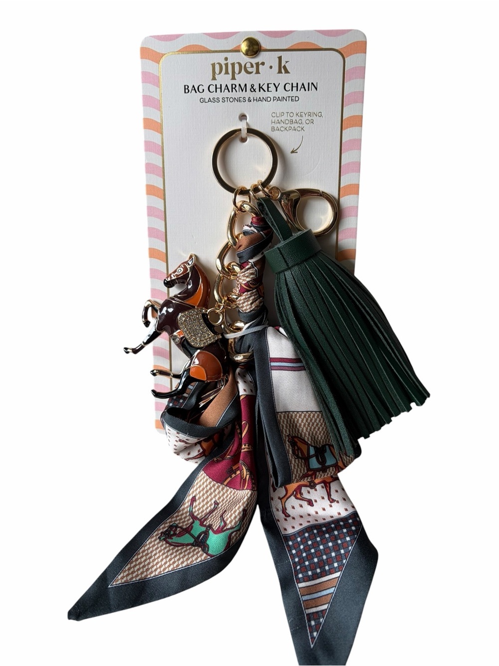 NEW Piper K Equestrian Themed Horse Green Tassel & Scarf Bag Charm Key Chain